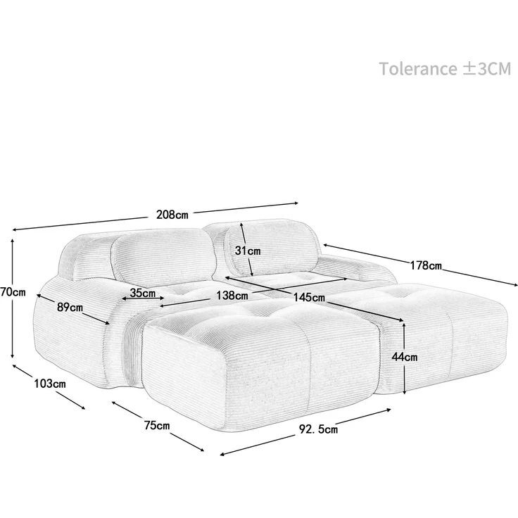 2-Sitzer Sofa 208x178x75 cm aus Cordstoff rahmenlos modular, braun – Bild 4