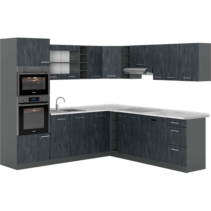 Eckküche R-Line Schwarz Beton/Anthrazit 247 x 60 cm AP Marmor Vicco – Bild 1