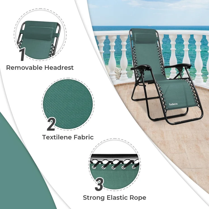 Todeco Liegestuhl klappbar mit Sonnenschutz, Sonnenstuhl mit abziehbare Kissen, Max Belastbarkeit 100kg, Strandliegestuhl leicht, Grün – Bild 4