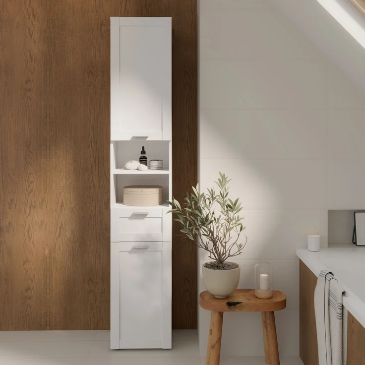Seitenschrank >LOKKO< 2 Türen, 1 Schub, 2 Fächer, Weiss - 35,2x190,5x31,3cm (BxHxT) – Bild 2