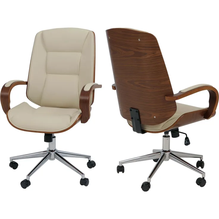 Bürostuhl HWC-O83, Drehstuhl Chefsessel, Kunstleder (280g/m²) Bugholz FSC®-zertifiziert Walnuss-Optik ~ creme
