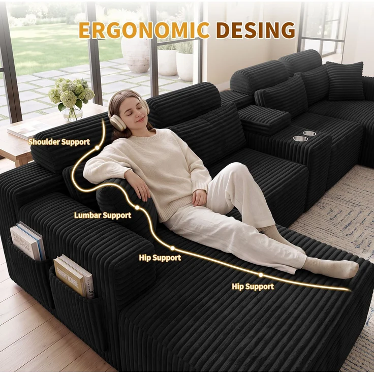 ZUBALIYA Boneless Compression Sofa, U-förmiges modulares Sofa mit integrierten Becherhaltern, Schwarz, 372 x 151 x 80 cm – Bild 11