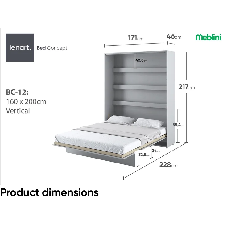 MEBLINI Schrankbett Bed Concept - BC-12 - 160x200cm Vertikal - Grau Matt - Wandbett mit Lattenrost - Klappbett mit Schrank - Wandklappbett - Murphy Bed - Bettschrank – Bild 7