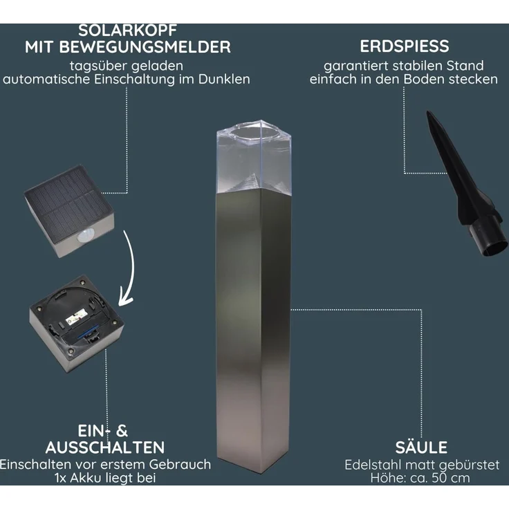 MeLiTec Solar Gartenleuchte rund/ eckig mit Bewegungsmelder, Edelstahl silber / anthrazit : Edelstahl matt : Eckig – Bild 6