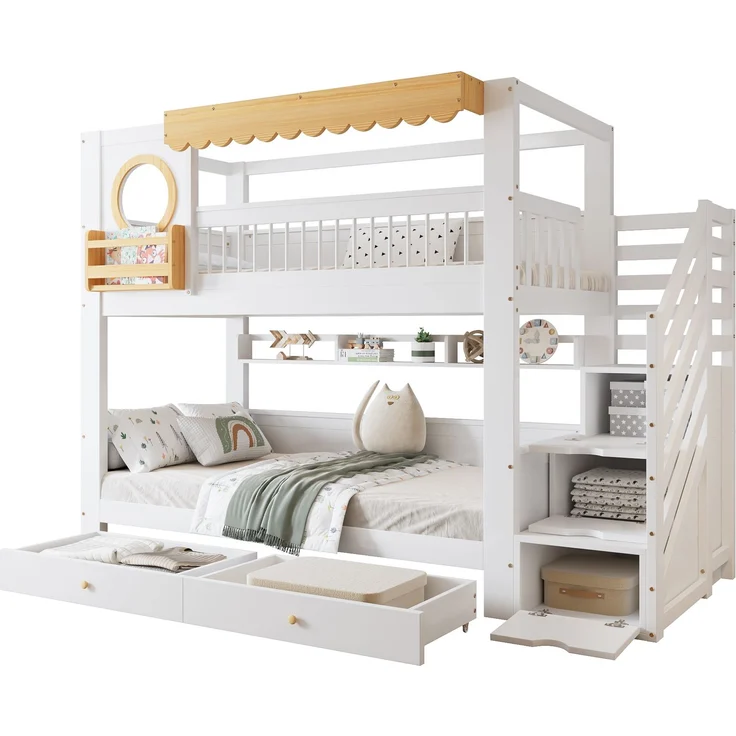 Merax Kinderbett, 90x200cm Jugendbett, Etagenbett, Zwei Aufbewahrungsschublade mit Rollen, Mit Treppenschrank, Mit mit einer Reihe von 2 Meter langen Regalen, Seitliche Ablage, Kiefer + MDF, Weiß – Bild 10