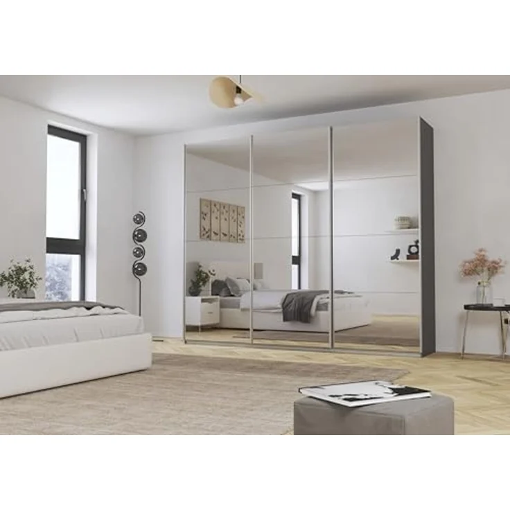 Rauch Möbel Kulmbach, Kleiderschrank mit Schwebetüren für Schlafzimmer, Kinderzimmer, Jugendzimmer, Garderobe, Flur, 3-türig, mit Spiegel, Zubehör Basic, Farbe Grau metallic, Schwarz, Breite 271 cm – Bild 2