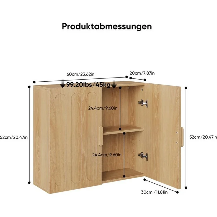 BBWL Hängeschrank Medizinschrank mit verstellbaren Einlegeböden Doppeltür Hängeschrank Badezimmerschrank wandhängend Eiche platzsparend – Bild 3