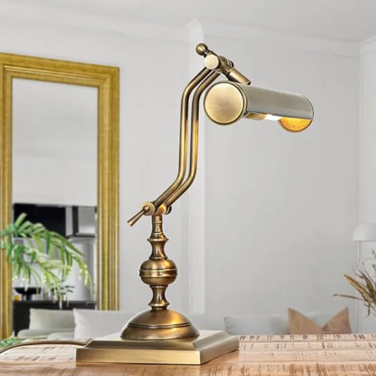 Licht-Erlebnisse Premium Bankerleuchte, Tischlampe aus echtem Messing in bronze hell, 39 cm, E14, handgefertigt in Italien, verstellbarer Schirm
