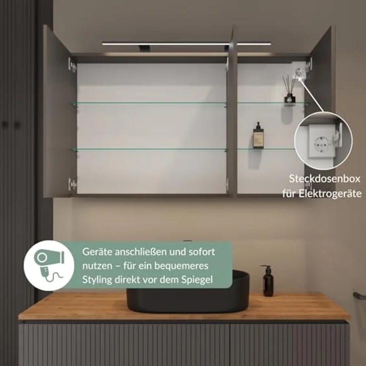 Planetmöbel ARIA Spiegelschrank Bad mit Beleuchtung 120 cm breit | Badschrank hängend mit Spiegel | Anthrazit, mit Leuchte und Steckdose, Spiegelschrank Gäste WC 120 x 70 x 16 cm – Bild 8