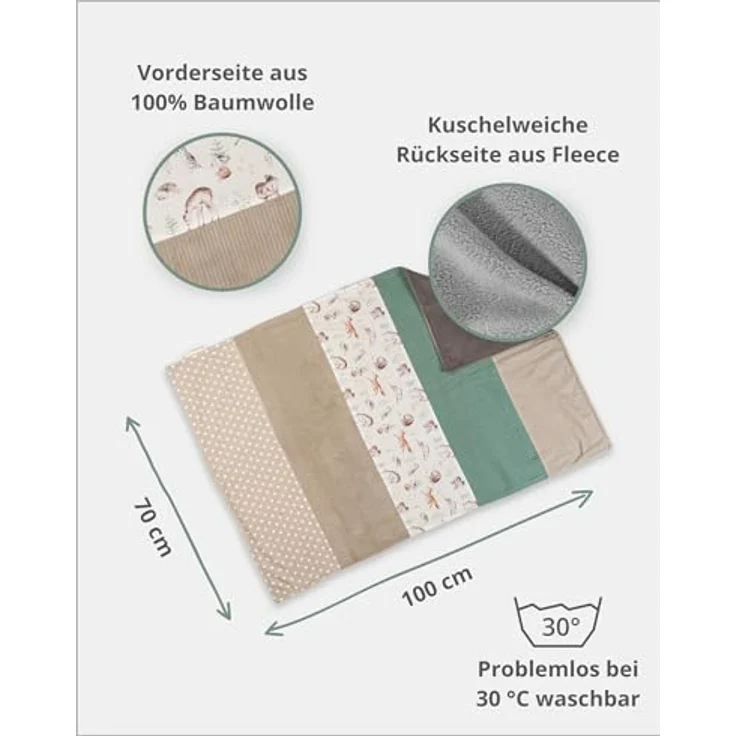 ULLENBOOM Babydecke 70x100 cm, Waldfreunde (Made in EU) - Aus Baumwolle & flauschigem Fleece (OEKO-TEX Standard), Baby Decke Neugeborenen, ideal als Kinderwagendecke oder Kuscheldecke – Bild 4