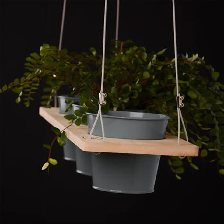 UNUS HOME Blumenkasten Kräuterbar, Pflanzenregal (60cm, grau), Stabile Drahtseilaufhängung, hängende Kräutertöpfe – Bild 3