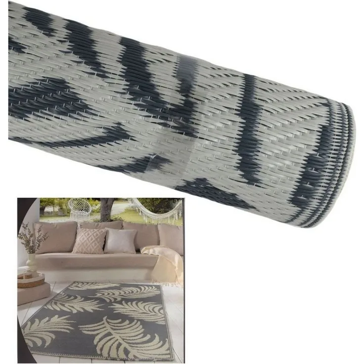 Outdoor Teppich 90 x 150 cm in geflochtener Strohoptik 100 % Polypropylen grau