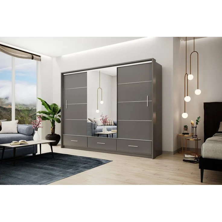 Beautysofa Kleiderschrank Marsylia (Schiebetürenschrank aus Holz, Garderoben organizier mit Schubladen) Modern Sideboard Kleiderschrank mit LED Beleuchtung 250 cm