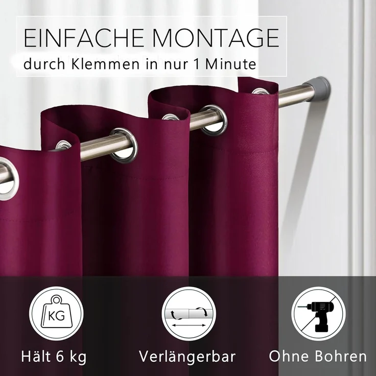 tinycurtains Türvorhang mit Stange silber 55-90 cm ohne Bohren, Thermo Vorhang mit Magneten, Ösen, abdunkelnd, Polyester, blickdicht, bordeaux rot Berry, Türgardine mit Klemmstange verdunkelnd – Bild 2