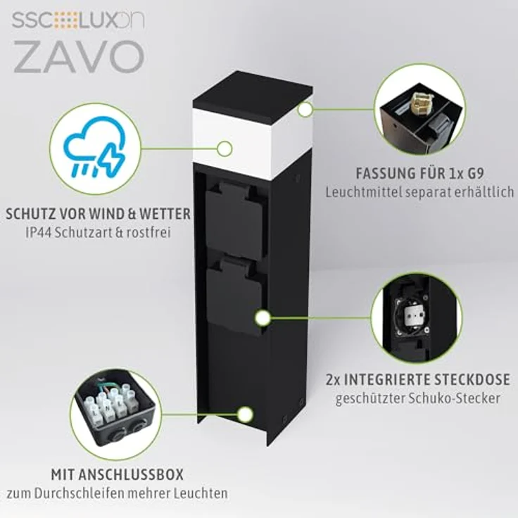 SSC-LUXon LED Gartenstrahler Pollerleuchte ZAVO schwarz für G9 Lampen mit zwei Schuko Steckdosen – Bild 4