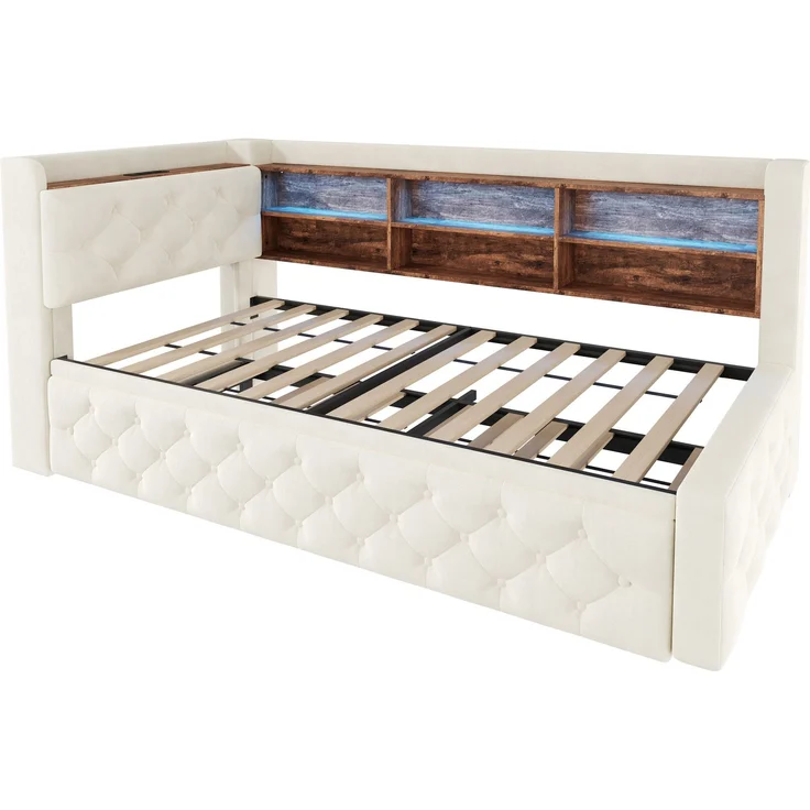 ZUBALIYA Tagesbett, mit Stauraum, mit LED-Beleuchtung, mit USB-C-Anschluss, inklusive Lattenrost, mit Schlaffunktion, Liegefläche 90 × 190 cm, H 84 × T 211 × B 181 cm, Beige, Samt – Bild 20