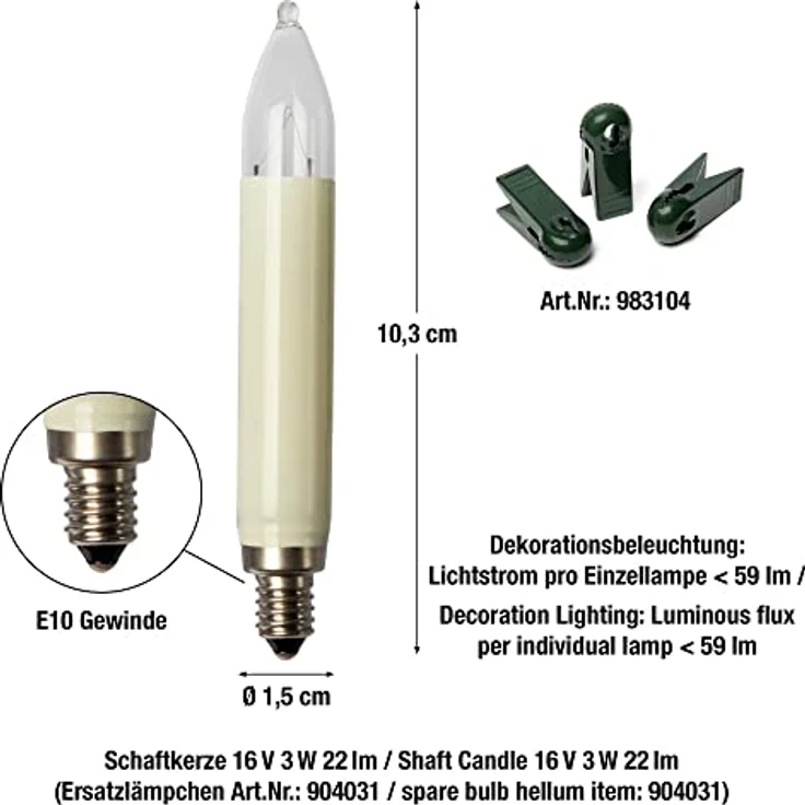 HELLUM Lichterkette Schaftkerze 15 Kerzen klar für innen Schaft/Kabel grün 12,8m elfenbein – Bild 3