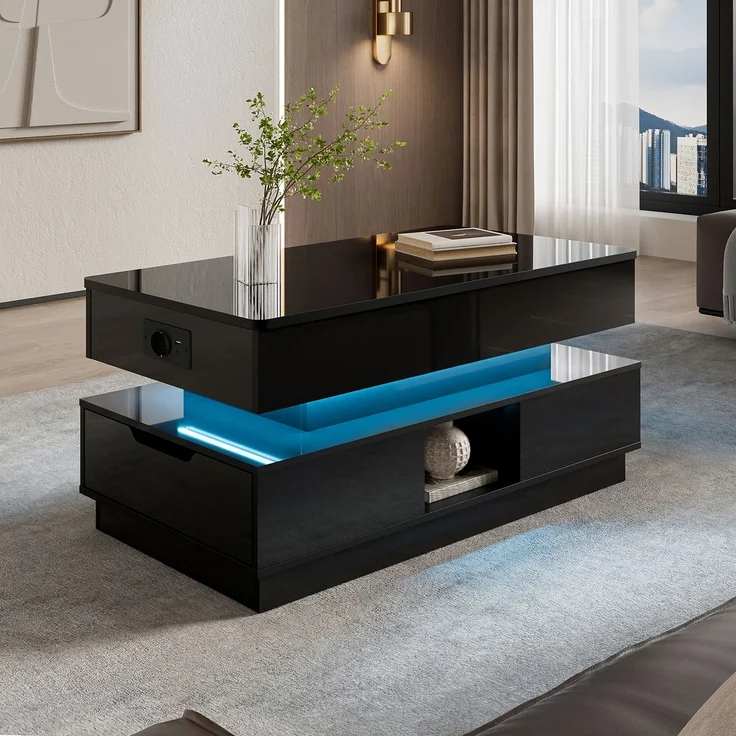 Couchtisch 90 x 48 x 42,5 cm in Schwarz, höhenverstellbar, mit Steckdose, LED und Stauraum – Bild 4