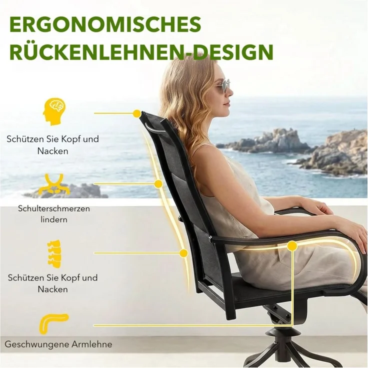 TLGREEN Gartenstuhl hochlehner 2er Set,360° drehbar, Drehstühle Wetterfeste, (Gesteppte Rückenlehne & Sitzfläche, bis 150 kg belastbar, 2 St), Für Terrasse Garten Balkon – Bild 3