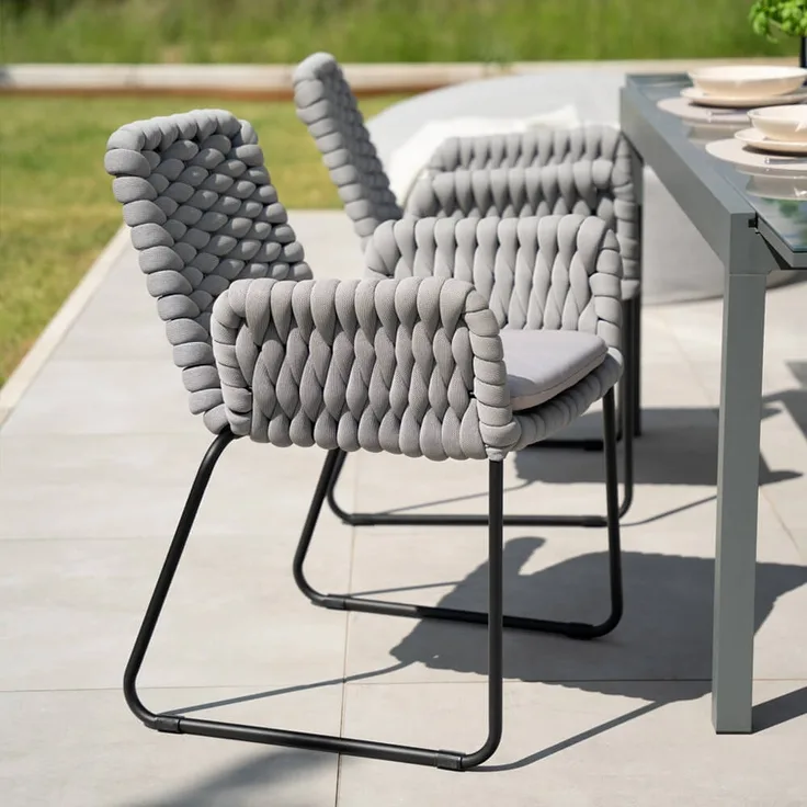 HOME DELUXE Gartenstuhl mit Armlehnen aus Seilgeflecht BALERO Hellgrau - 6er Set