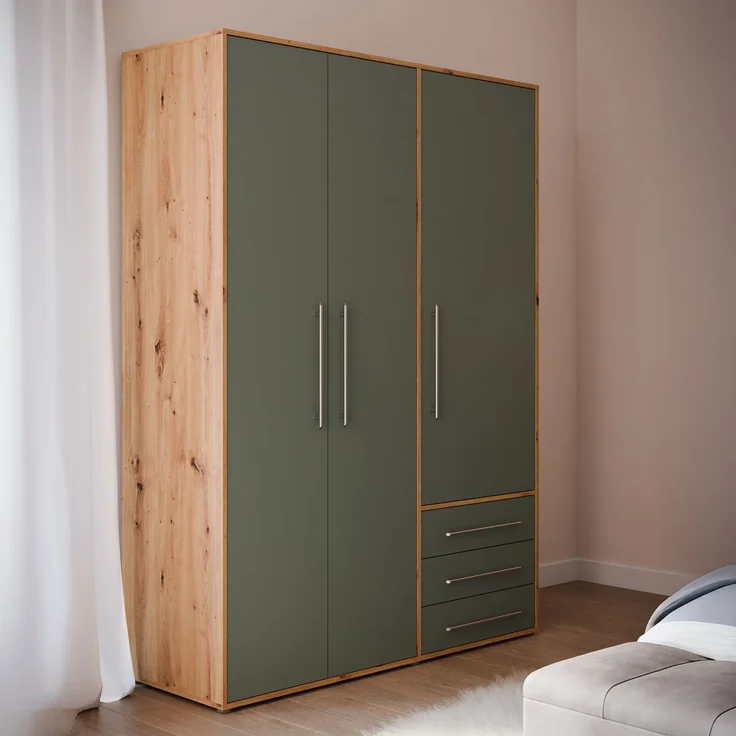 Forte MOKKARIS Kleiderschrank 140 150, 3-türig, 2 Schubladen, Einglegeböden, Kleiderstange, Holzwerkstoff, Sonoma Eiche Holzdekor / Salbei, 144,4 cm breit x 200,1 cm hoch x 52,7 cm tief – Bild 1