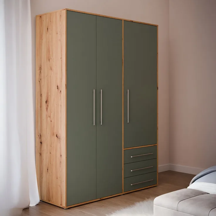 Forte MOKKARIS Kleiderschrank 140 150, 3-türig, 2 Schubladen, Einglegeböden, Kleiderstange, Holzwerkstoff, Sonoma Eiche Holzdekor / Salbei, 144,4 cm breit x 200,1 cm hoch x 52,7 cm tief