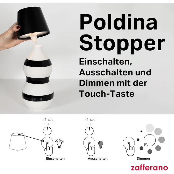 Zafferano, Poldina Stopper Lampe, Kabellose und Wiederaufladbare Flaschenlampe mit Touch Control, Geeignet für den Innen- und Außenbereich, Dimmer, 2200-3000 K, Höhe 11 cm, Farbe Salbei – Bild 5