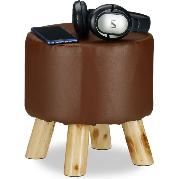 Relaxdays Hocker Kunstleder, gepolstert, 4 Holzbeine, Flacher Fußhocker, runder Dekohocker, H x D: 30x30 cm, braun
