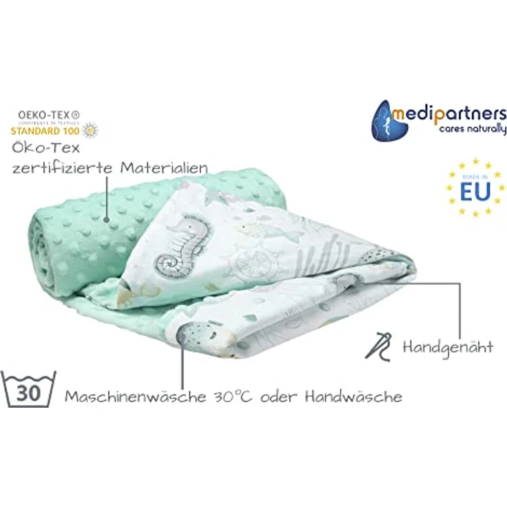 Medi Partners Babydecke Baby Decke Neugeborenen - Kuscheldecke Geschenk Babydecken 75x100cm für Kleinkinder Mädchen Krabbeldecke Kinderbett Kinderwagen 100% Baumwolle (Ozean mit Mint Minky) – Bild 3
