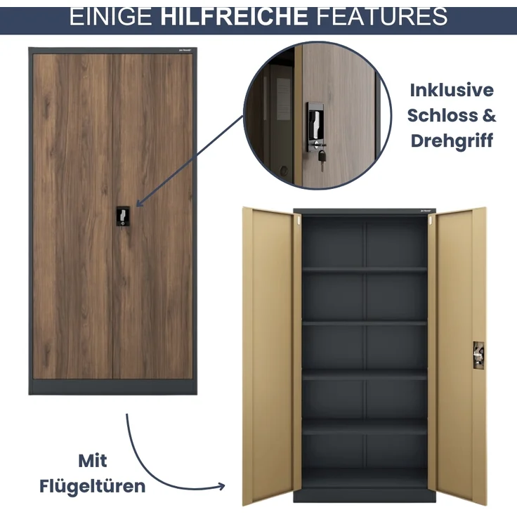 MegaDeal 4x Aktenschrank abschließbar KADO - 5 Ebenen verstellbar, Flügeltüren | Metallschrank Werkstatt Mehrzweckschrank Büroschrank aus Stahl Werkzeugschrank, 185x90x40cm Anthrazit-Nussbaum – Bild 5