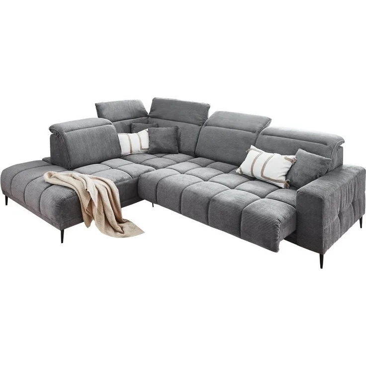 Iwaniccy Ecksofa LIVORNO, B 317 x T 234 cm, Dunkelgrau, Cord, elektr. Sitztiefenverstellung, 5 Kopfteilverstellungen