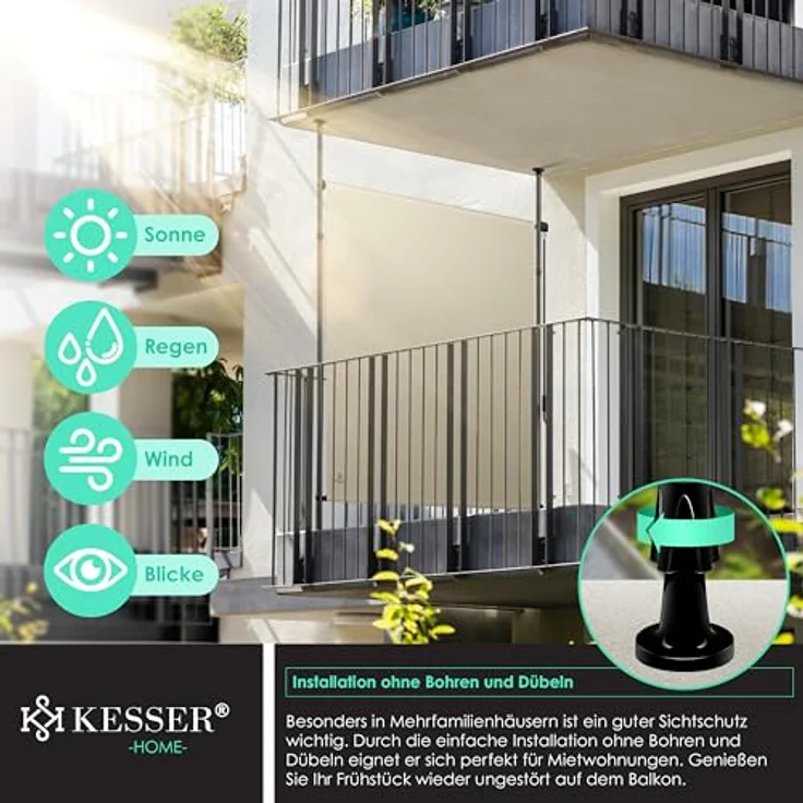 KESSER® Klemmmarkise Senkrechtmarkise außen Ausziehbar & Blickdicht | Vertikalmarkise mit Handkurbel ohne Bohren | Balkon-Sichtschutz & Windschutz für Garten & Terrasse Wasserfest Beige, 120 x 310 cm – Bild 5