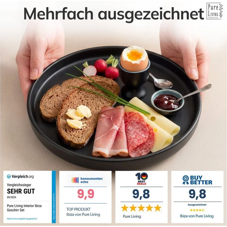 PURE LIVING INTERIOR DESIGN Geschirr-Set Manhattan Dessertteller, Frühstückteller, 6er-Set, 20 cm, Schwarz (1-tlg), 6 Personen, Steingut, Robust, kratzfest, spülmaschinenfest und mikrowellengeeignet – Bild 3