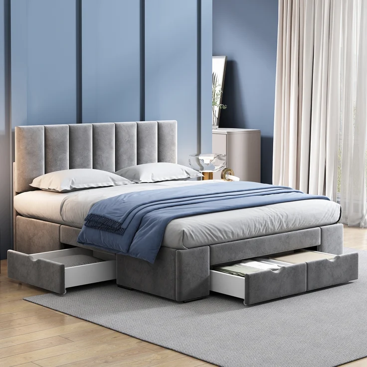 Stauraumbett Samt mit 4 Schubladen und höhenverstellbarem Kopfteil, 140x200 cm, grau, ohne Matratze – Bild 5