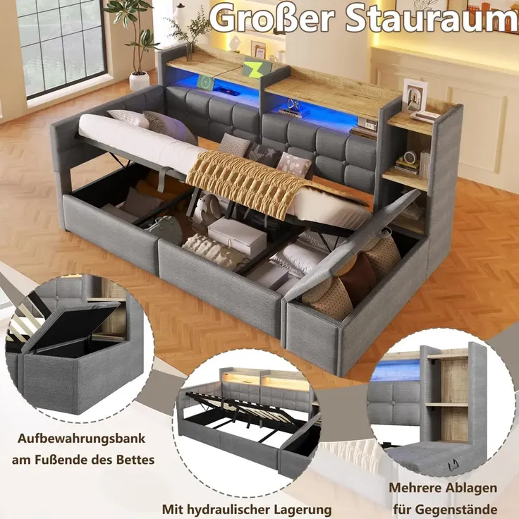 Stauraumbett mit LED-Beleuchtung, Bettkasten, Lattenrost, Regal und USB/Type-C Anschlüssen, 90x200 cm, Schlafsofa, Einzelbett, Jugendbett, Samt – Bild 4