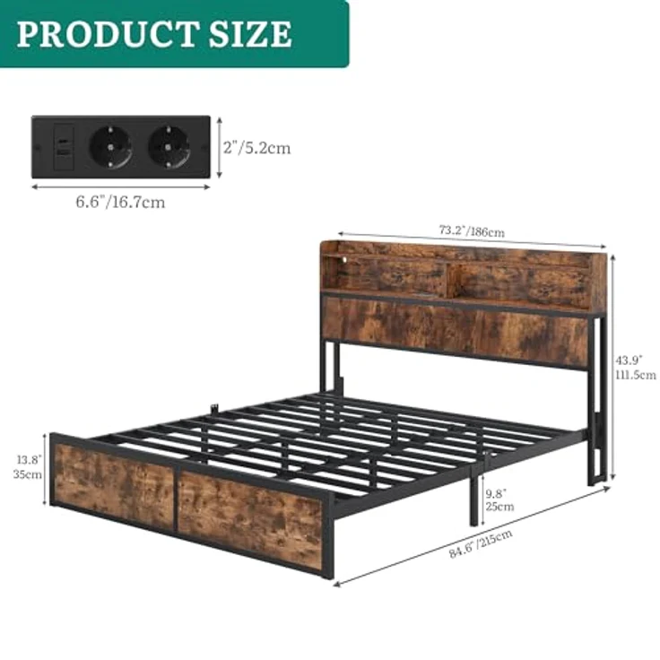 YITAHOME Bettgestell LED mit Kopfteil USB-Anschlüsse und Ladeausgänge Metallplattform-Bettgestell mit 2 Regalböden,Keine Matratze erforderlich,Braun 200X180CM – Bild 2