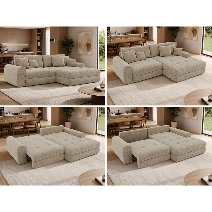 Sofa L-Form ARELIA L mit Schlaffunktion, Wohnzimmer Sofa, Wellenfederung, Sofa mit DL-System - Schenille grob gewebt Beige - Links – Bild 2