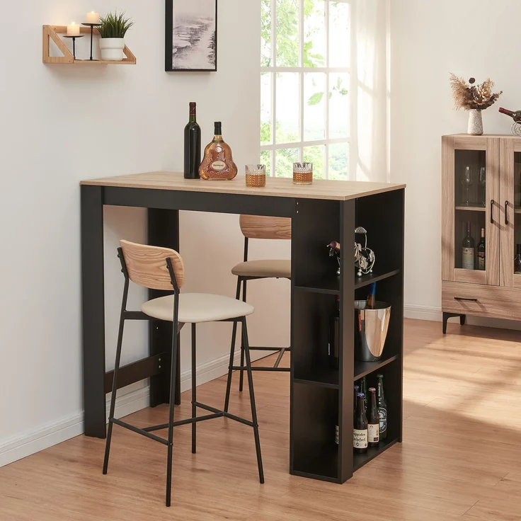 Bartisch Danderyd 120x60x106 cm mit 3 Ablagefächern Schwarz/Eicheoptik [en. casa] – Bild 1