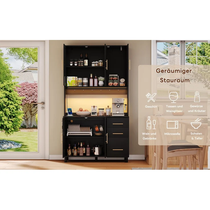 183cm Küchenanrichte, Buffet, App-gesteuerte LED-Deko-Lichter, 2 x USB, 2 x Steckdosen, verstellbare Einlegeböden, 3 Schubladen, goldene Metallgriffe, ideal für Küchen und Esszimmer. – Bild 7