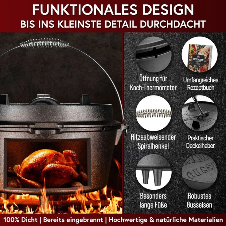 Dutch Oven Set 4,5 L mit Füßen – Eingebrannter Feuertopf aus Gusseisen mit Deckelheber Spiralgriff & Rezeptbuch – Bild 10