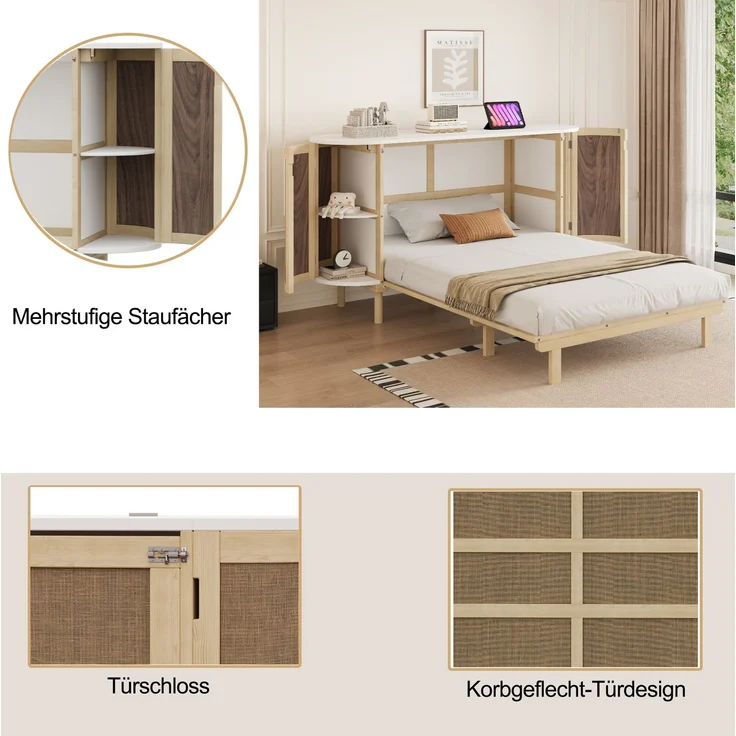 Wandschrankbett 140x200 cm, klappbar, mit Staufächern und Rattan-Front in Naturholz/Weiß – Bild 3