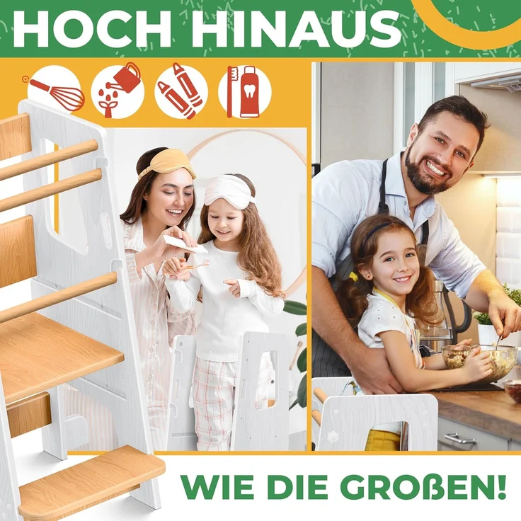 KIDIZ® Lernturm für Kinder ab 1 Jahr inkl. Lernuhr | 3-stufig Höhenverstellbarer Tritthocker aus Kiefernholz | spielerisch motorische Fähigkeiten fördern Montessori Learning Tower bis 50 kg belastbar Weiß / Hellbraun – Bild 4
