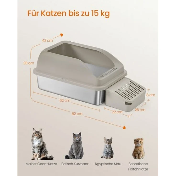 FEANDREA Katzenklo, Katzentoilette, mit hohen Seitenwänden, geräumig, Schaufel, Bürste, kaffeebraun – Bild 5