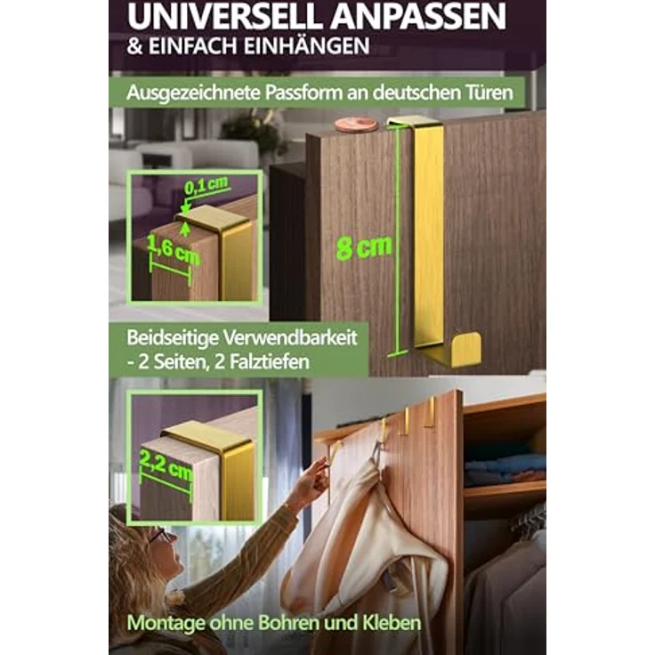 4smile Türhaken zum Einhängen - 10er Set, Fb. Gold - Edelstahl Kleiderhaken Tür für die ganze Wohnung, flexible Haken zum Einhängen, belastbare Türhakenleiste, universelle Türgarderobe – Bild 5
