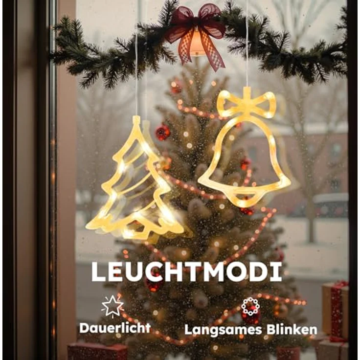 LEDYA LED Weihnachtsbaum Weihnachtsbeleuchtung, 2 Stück, 10 LED Lichtervorhang, Warmweiße Lichterkette, Batteriebetrieben mit Saugnapf & Timer, Fenster Lichterkette für Weihnachtsdeko, Party, Hochzeit – Bild 2