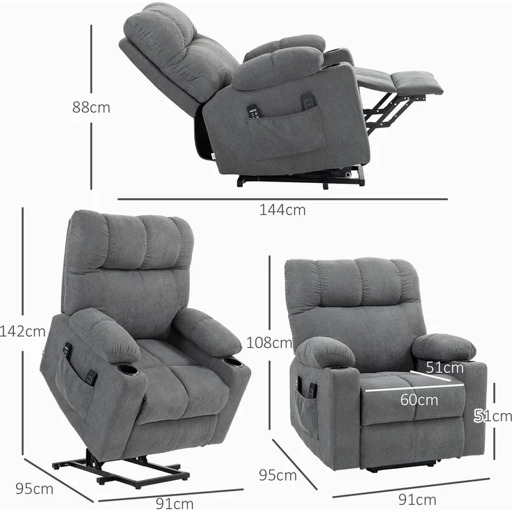 Fernsehsessel mit Aufstehhilfe, höhenverstellbar, 135°neigbar, mit 3 Modi, 8 Massagepunkten, Fernbedienung, 144 x 91 x 88 cm, Grau--Grau--91x95x109cm--YOUDENOVA – Bild 3