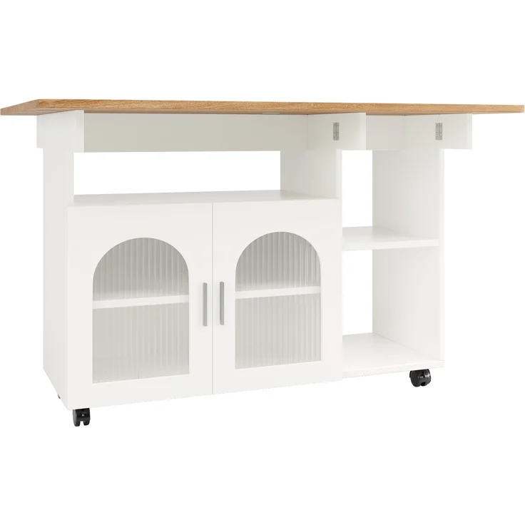 Kücheninsel, modernes Küchensiland, Küchenschrank, abnehmbare Servierwagen-Buffetschrank, Speisewagen mit Holzmaserung, multifunktionaler Esstisch mit Stauraum, Holzoptik, Weiß – Bild 8