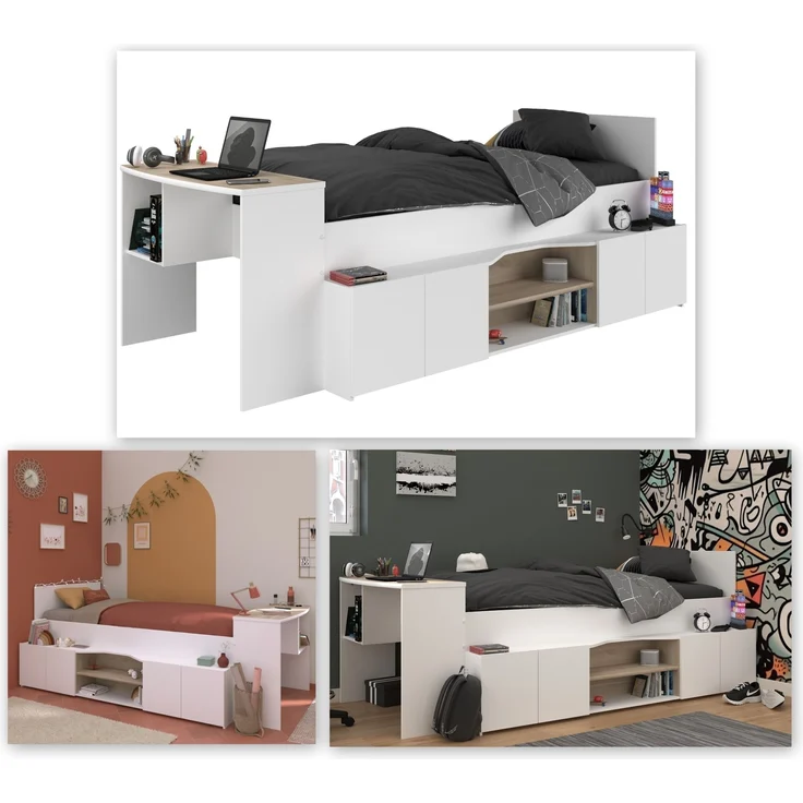 Hochbett >Cleo 1< Stauraum, Liegefl. 90x200, Weiss / Eiche Dekor - 241x116x90cm (LxBxH) – Bild 3