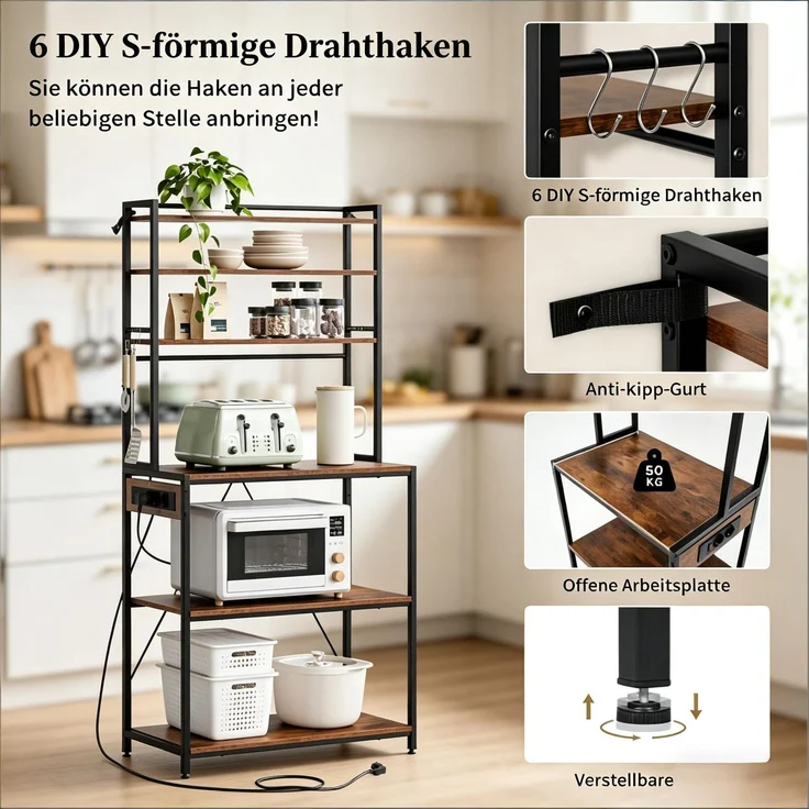 Moderner Stil Display-Regal,Coffee Bar Station,Küchenregal mit Steckdosen,Küchenkomode,Mini Küche Arbeitsstation--Rustikales Braun--40x80x167cm--YOUDENOVA – Bild 2