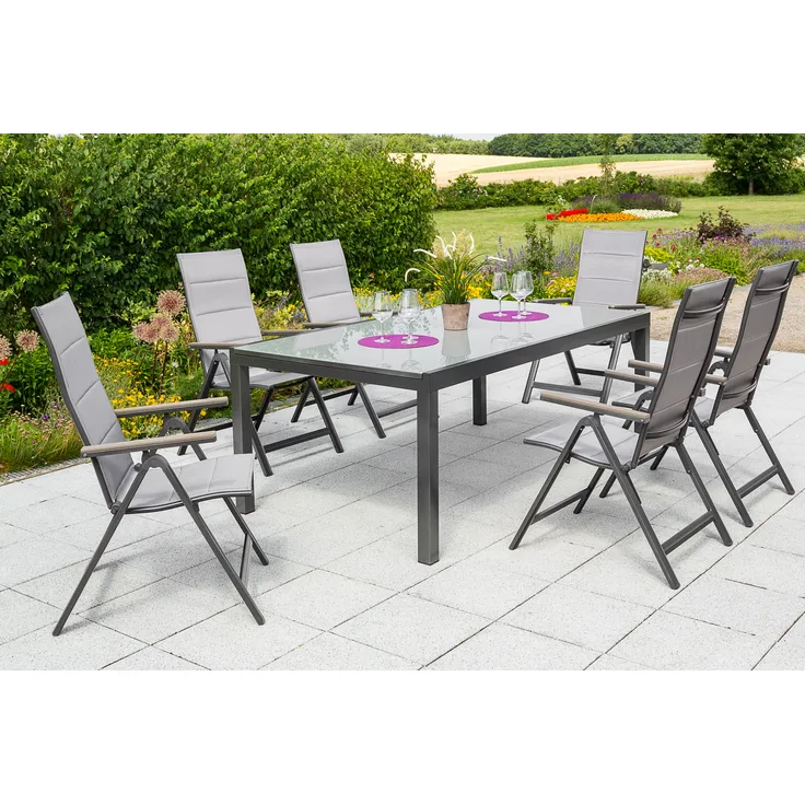 Trivero Gartenmöbel Set 7tlg, Klappsessel & Semi Ausziehtisch